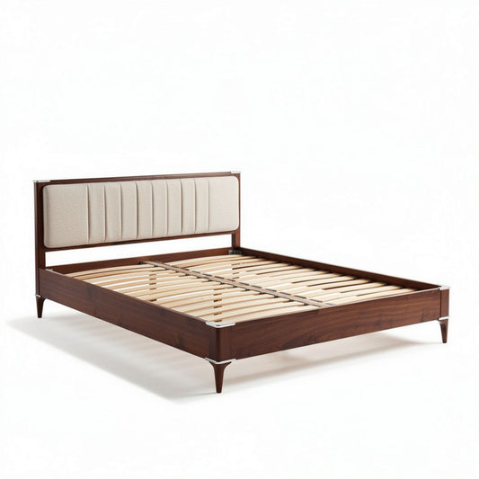 Cama de madeira com cabeceira estofada em tom natural 200 x 160 x 30cm