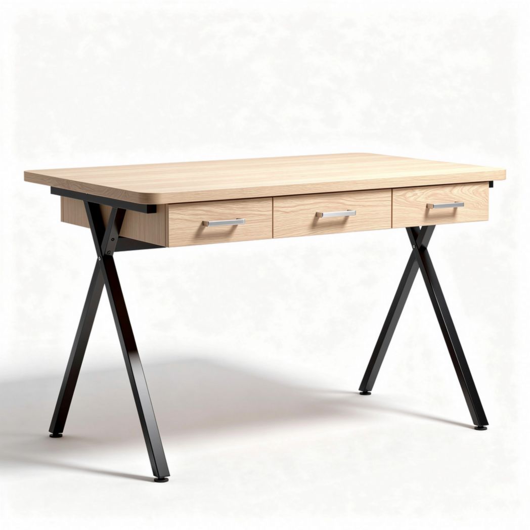 Mesa de escritório em madeira clara com três gavetas e estrutura preta 120 x 60 x 75cm