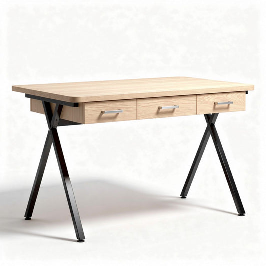 Mesa de escritório em madeira clara com três gavetas e estrutura preta 120 x 60 x 75cm
