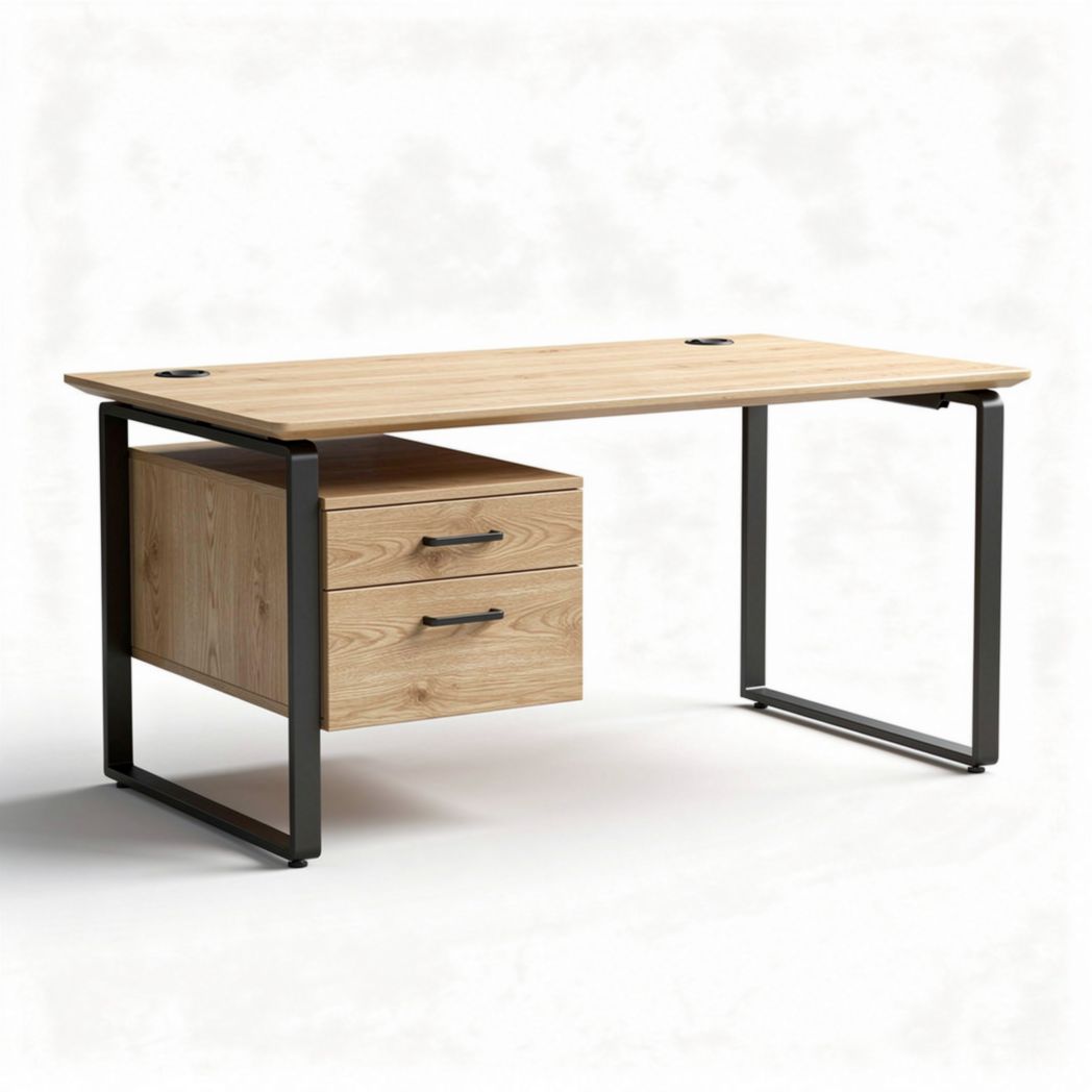 Mesa de escritório em madeira com estrutura metálica e duas gavetas 150 x 75 x 75cm