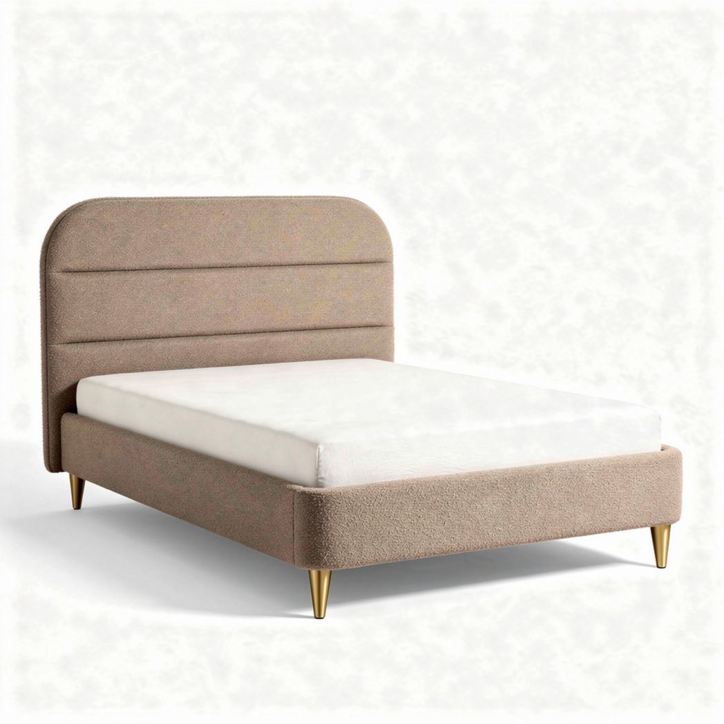 Cama com cabeceira estofada em tecido bege com 200 x 160 x 100cm