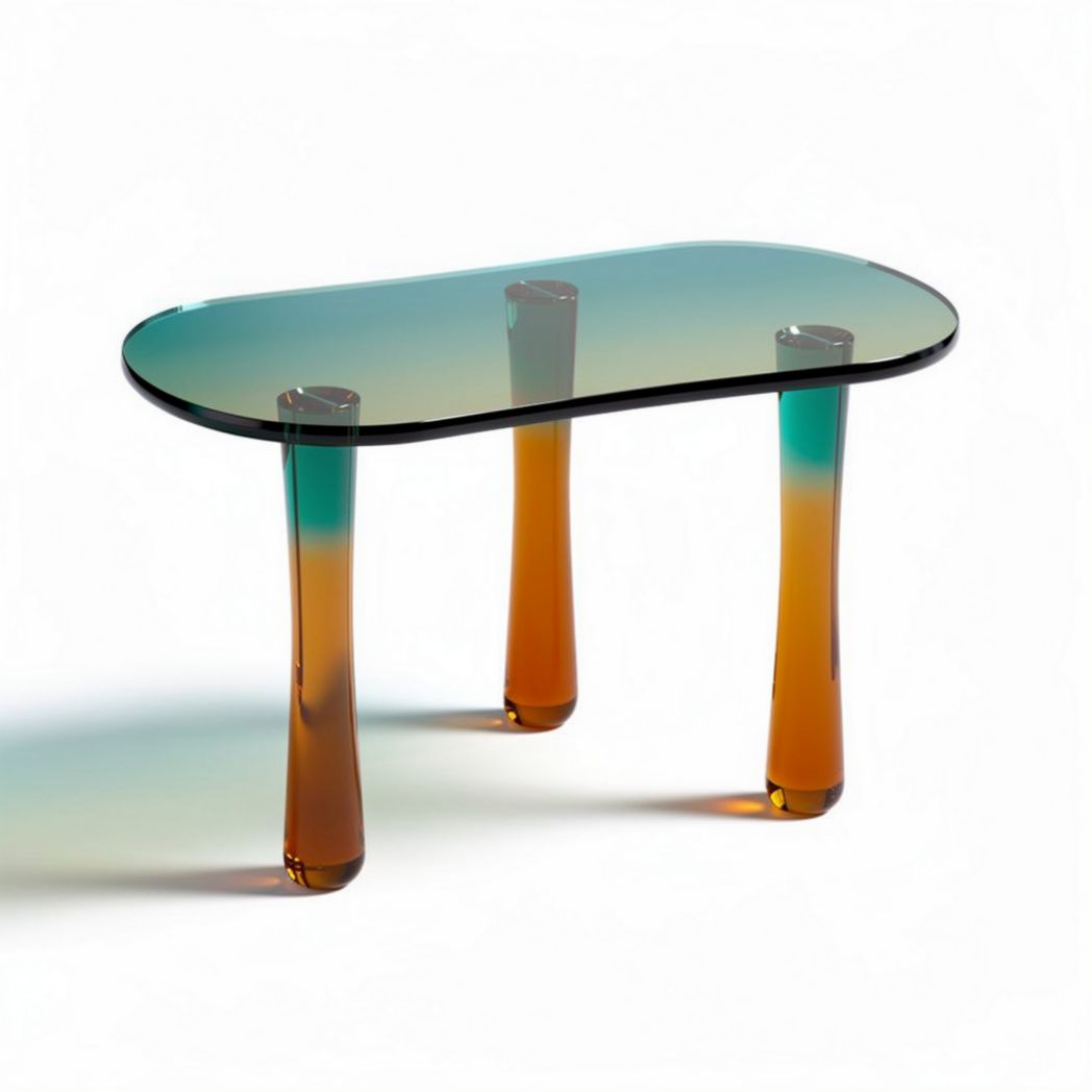 Mesa de centro em vidro com pernas em acrílico nas cores verde e laranja 70 x 40 x 50cm